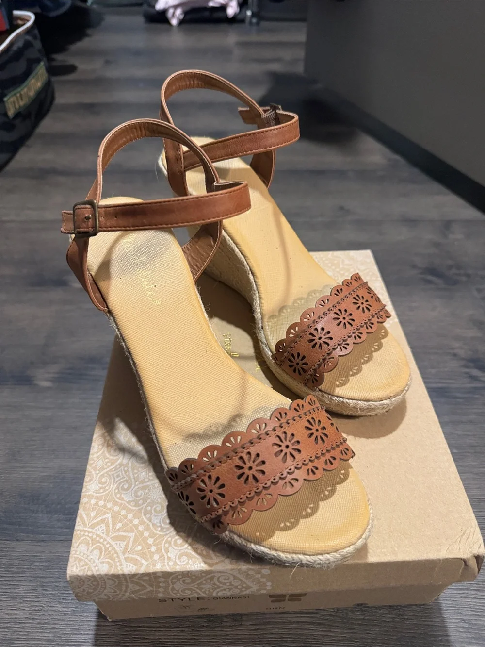 Altar'd State Tan Brown Floral Laser-Cut Espadrille Wedges